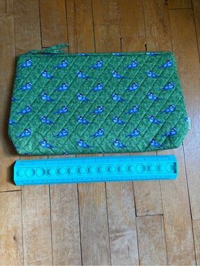 Vera Bradley Green Quilted Travel Pouch with Blue Bird Print
